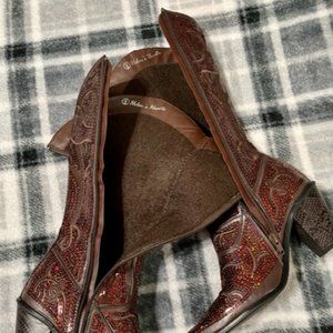 Helen's Heart, Sequined/Embroidered Boots, full zipper, Bronze, size 6